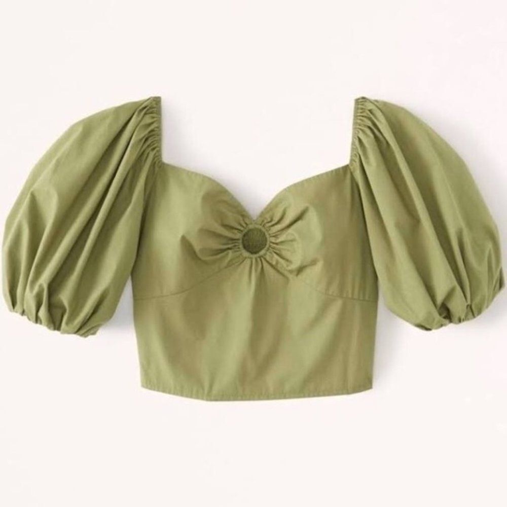 Abercrombie & Fitch Puff Sleeve Poplin O-Ring Top in Green Small - Picture 10 of 10